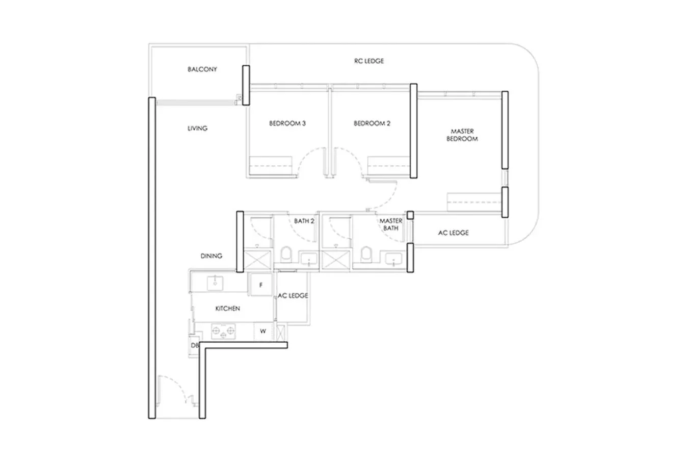 Woodlands Drive 17 EC 3-bedroom indicative layout template — living, dining, kitchen, three bedrooms, two bathrooms and balcony