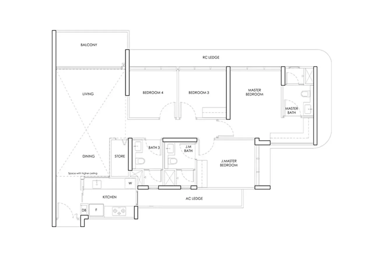 Woodlands Drive 17 EC 4-bedroom indicative layout template — living, dining, kitchen, store, junior master and three further bedrooms