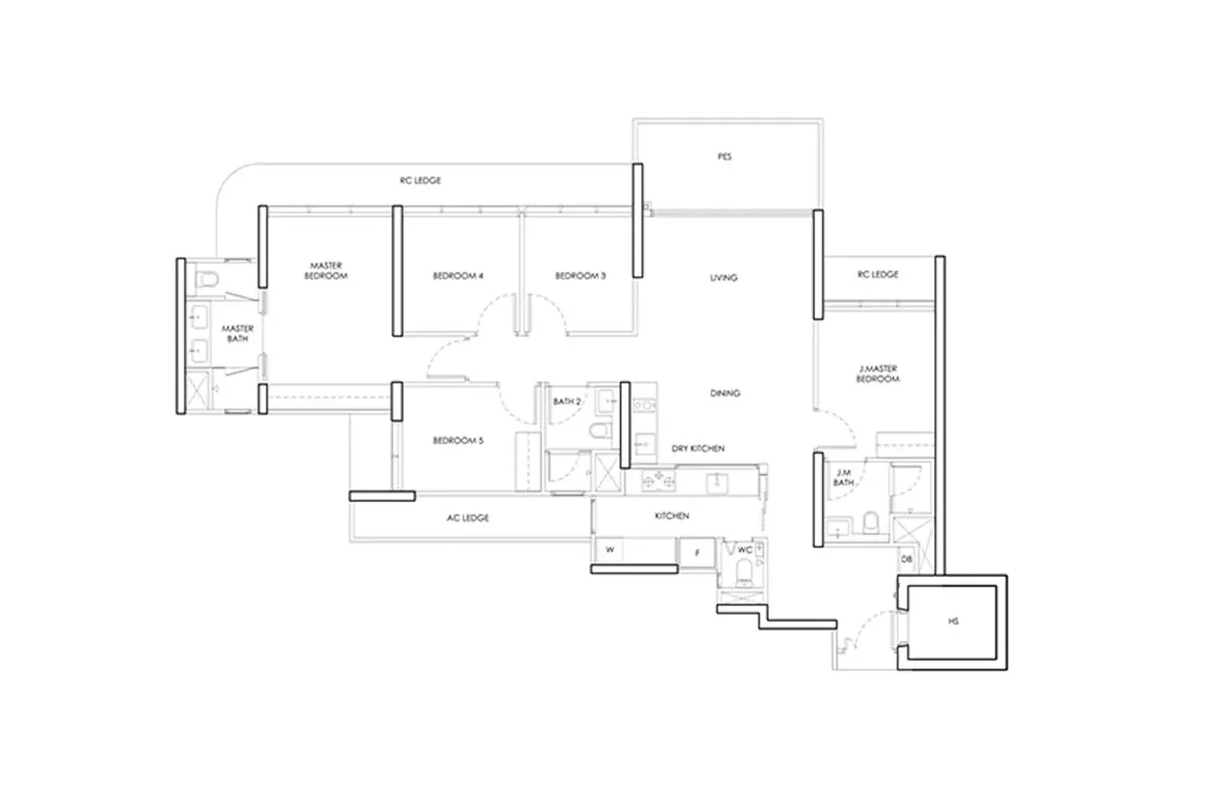 Woodlands Drive 17 EC 5-bedroom indicative layout template — living, dining, dry kitchen, junior master, five bedrooms and private enclosed space