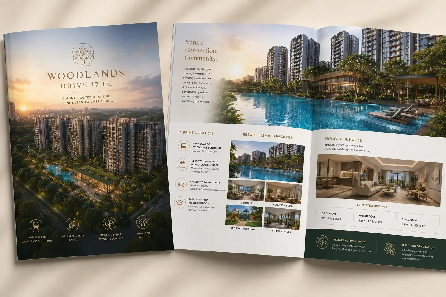 Woodlands Drive 17 EC e-brochure cover and inside spread showing location highlights, facilities and the estimated unit mix