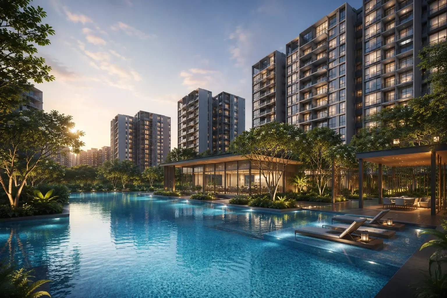Woodlands Drive 17 EC — artist impression of the resort-style lagoon pool and clubhouse in the Woodlands Regional Centre