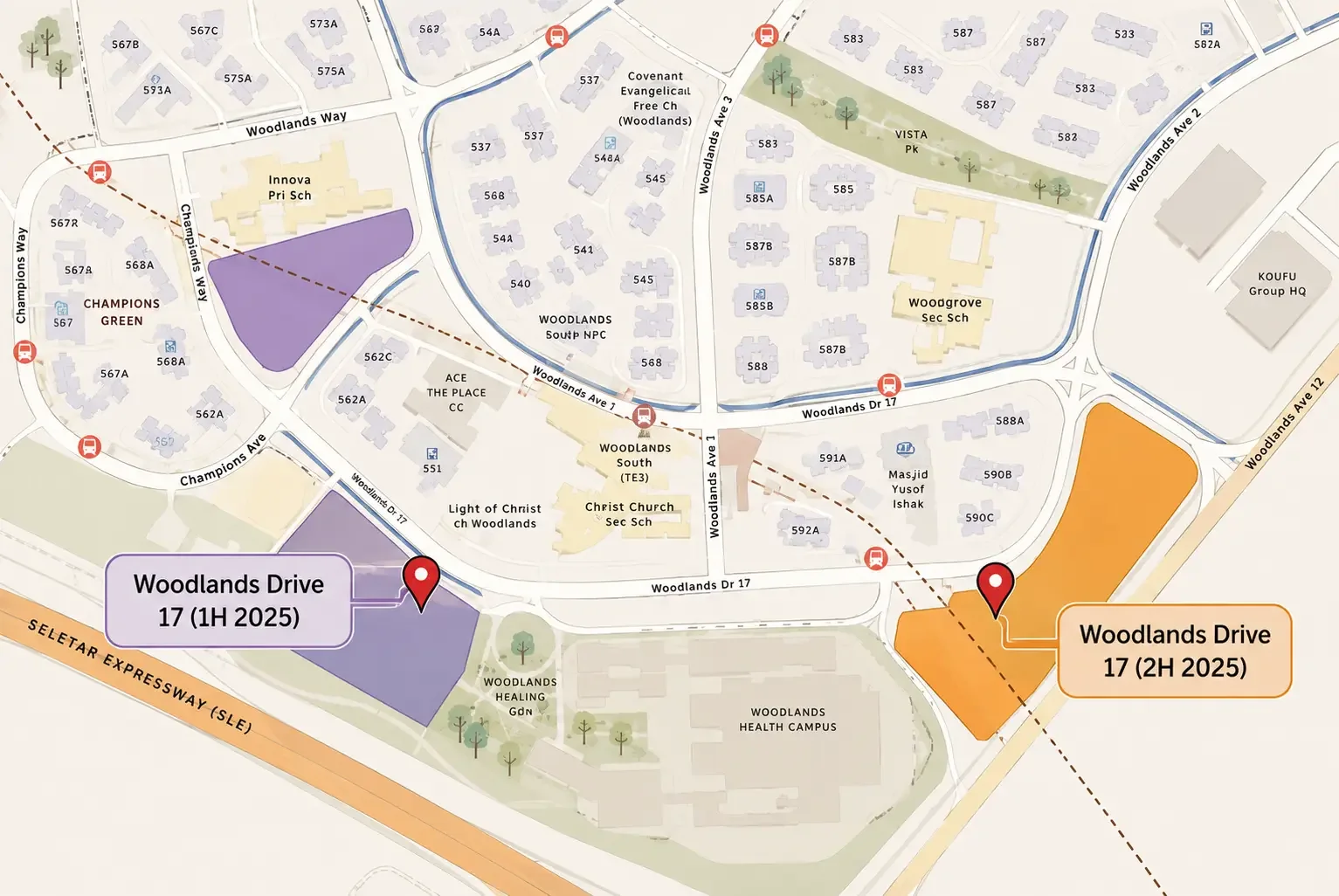 Location map of the two Woodlands Drive 17 EC parcels in District 25 — the 1H2025 CDL site beside Woodlands Healing Garden and the Seletar Expressway, and the 2H2025 Sim Lian site near Woodlands Health Campus and Woodlands Avenue 12 — with Woodlands South MRT (TE3), Innova Primary School, Woodgrove Secondary School, Christ Church Secondary School, Champions Green and ACE The Place Community Club marked